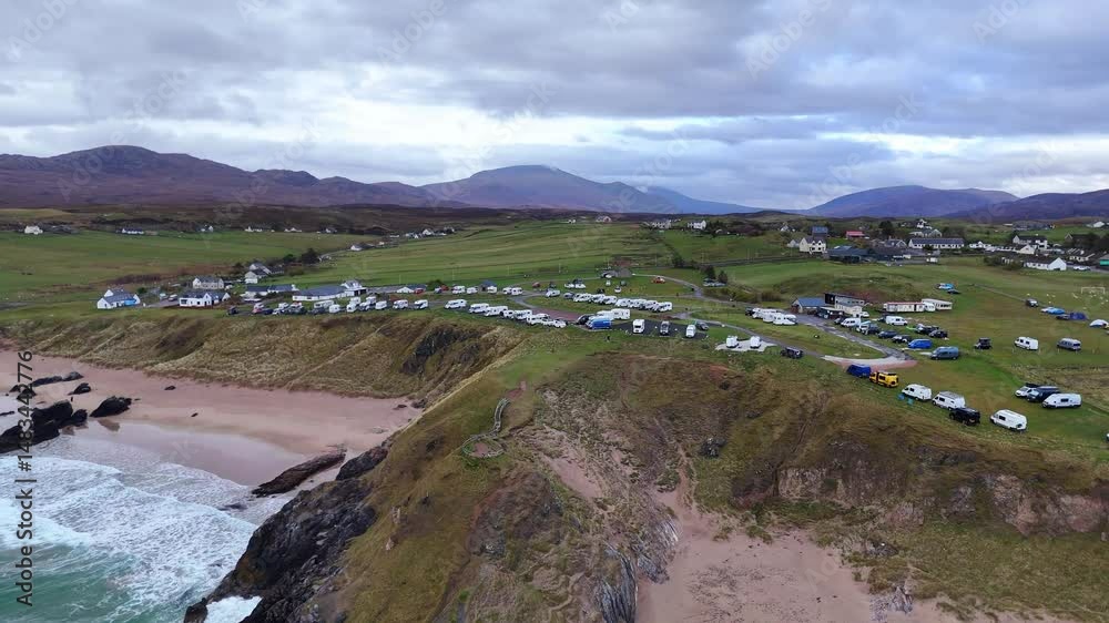 sango sands viewpoint and campsite situated on green highland along the beach in Scotland sango sands viewpoint and campsite situated on green highland along the beach in Scotland
