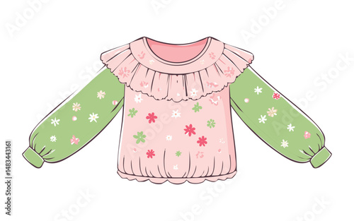 Pink and Green Blouse with Ruffle Neckline - Vector Illustration