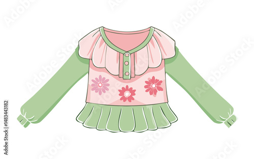 Ruffle Blouse Green Pink Pastel with Flower Accents - Vector Illustration