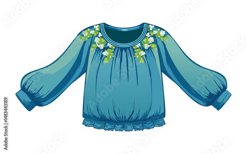 Green Ruffle Blouse with Floral Pattern on Top - Vector Illustration