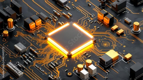 Tech Circuit Board: A close-up shot of a sleek tech circuit board, showcasing a central square component illuminated with a warm glow, surrounded by a network of intricate pathways and connections.
