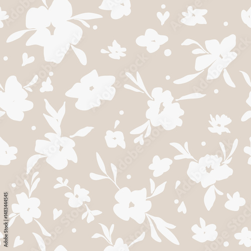 Seamless floral gray on beige vector laconic delicate ink vintage handmade pattern for fabric design, decor, ceramics, greeting cards, flowers, texture print on a warm background
