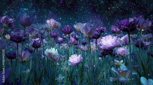 A dreamy midnight tulip meadow where flowers shine with natural iridescent glow under moonlight