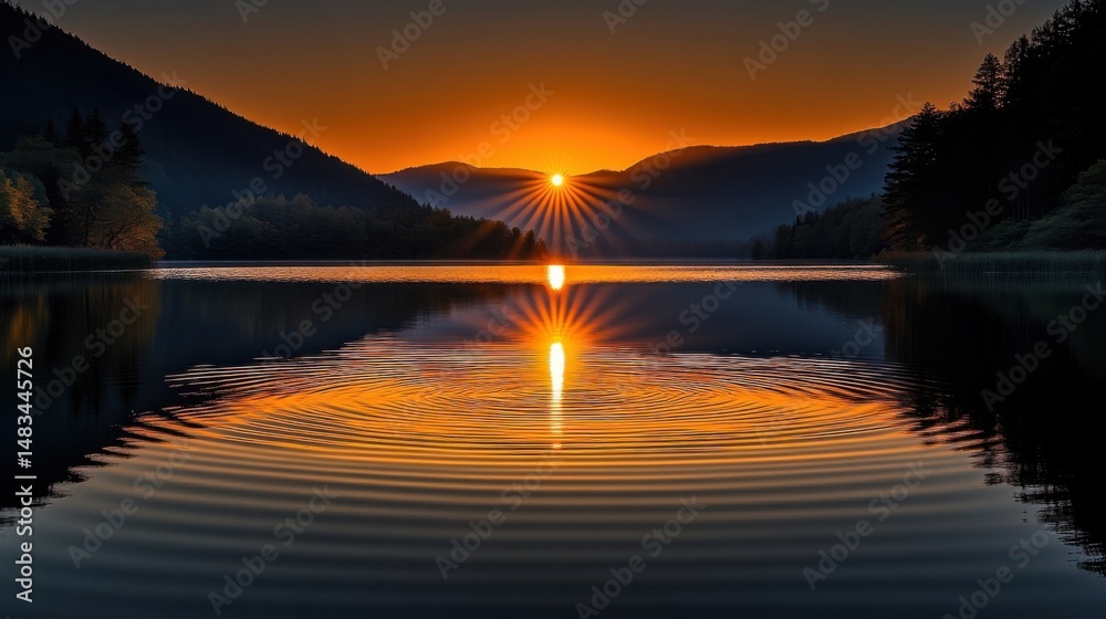 Fototapeta premium Scenic Sunset Reflecting on a Calm Lake Surrounded by Mountains and Trees