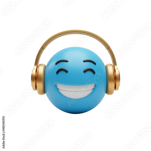 Blue emoji with headphones isolated on transparent background, use