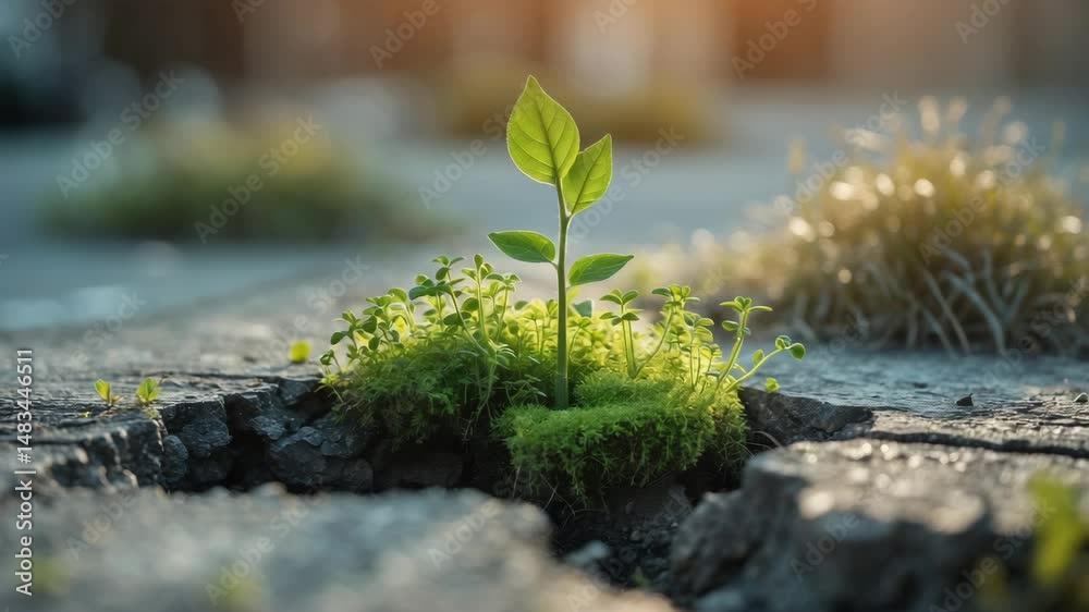 Resilient seedling flourishing in a crevice, entrepreneurial concept of emerging leadership success generating new business prospects. Compact green space on pavement showcasing a group of