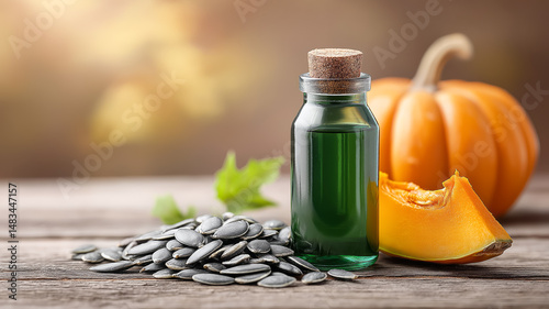 Pumpkin seed oil bottle, raw seeds and fresh pumpkin on wooden table with blurred natural background. Organic and healthy product concept, rich in nutrients.