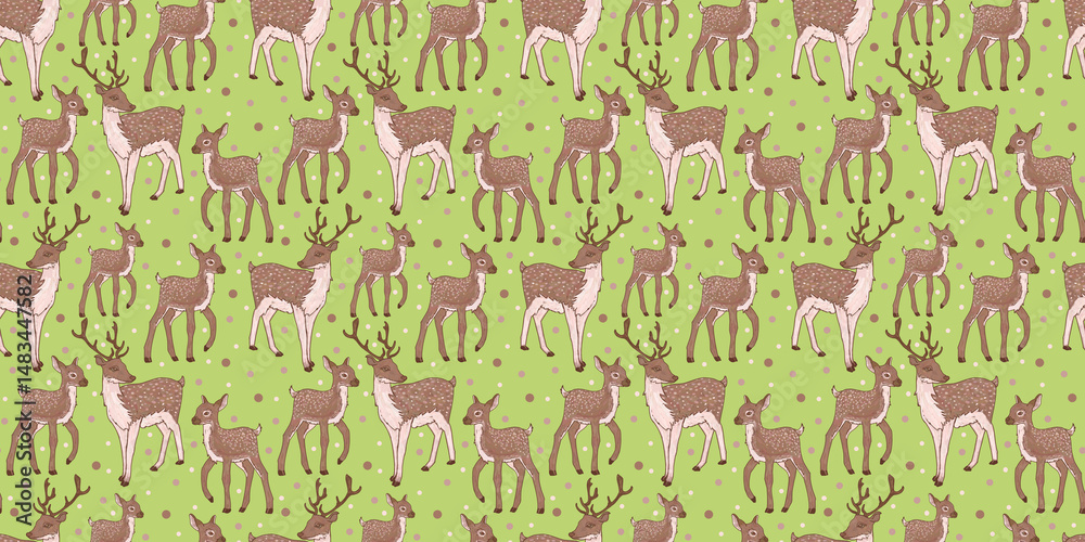Naklejka premium Family of spotted forest deer with children illustration on light green background. Children's fun zoo pattern seamless wallpaper for baby textiles, fabrics.