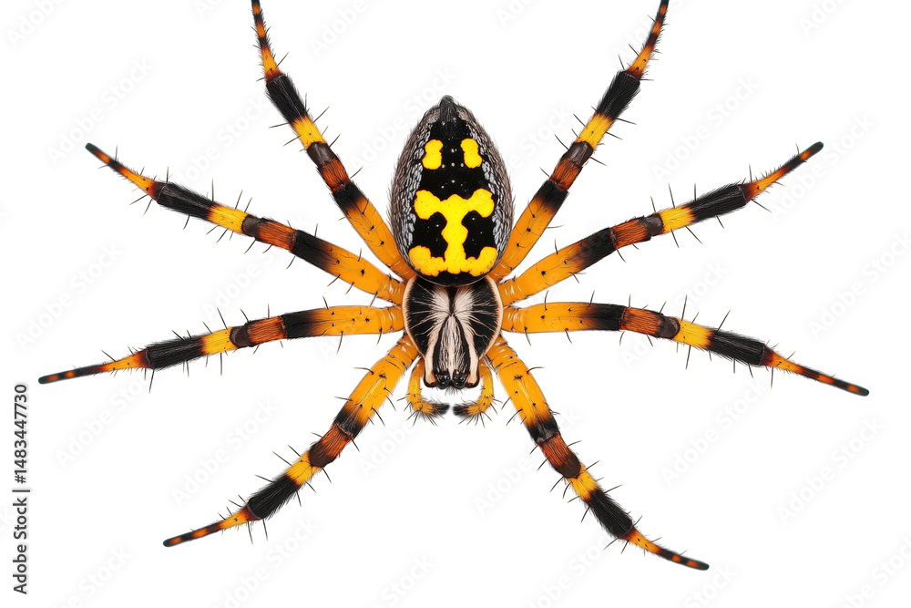 Obraz premium Close up of an orange and black spider with eight legs, full view on isolate background
