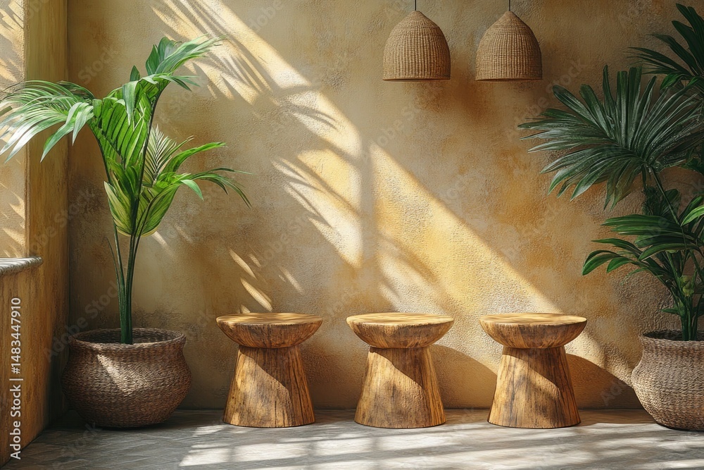 Indoor space with sunlight, plant, wooden stools, lamps. Ideal background for showcasing products, adding text or design. Indoor space with sunlight, plant, wooden stools, lamps. Ideal background for showcasing products, adding text or design.