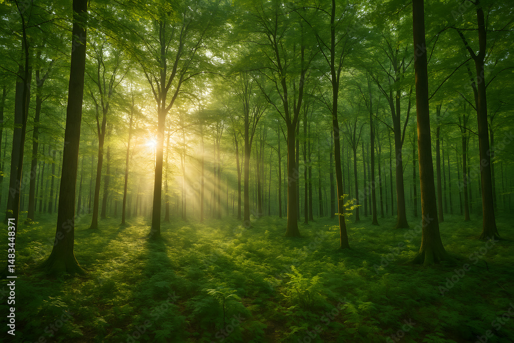 Obraz premium Sunlight streaming through a lush green forest