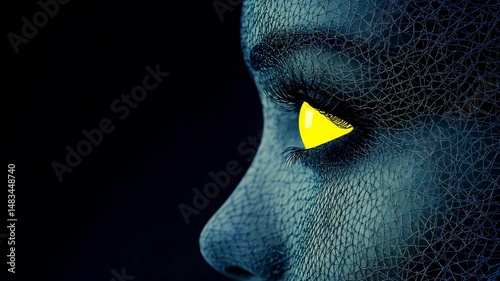 Mysterious Gaze: A close-up portrait of a person with unusual glowing yellow eye against a dark background, an exploration of enigma.