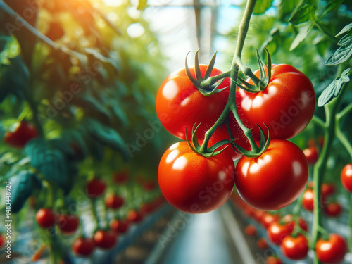 Ripe tomatoes on stem in greenhouse. Harvest season, environmentally friendly vegetable growing.