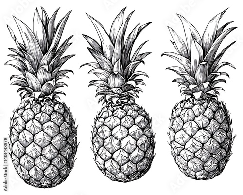 Three detailed pineapple illustrations
