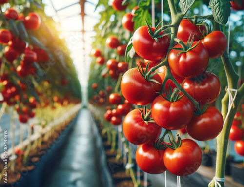 Ripe tomatoes on stem in greenhouse. Harvest season, environmentally friendly vegetable growing.