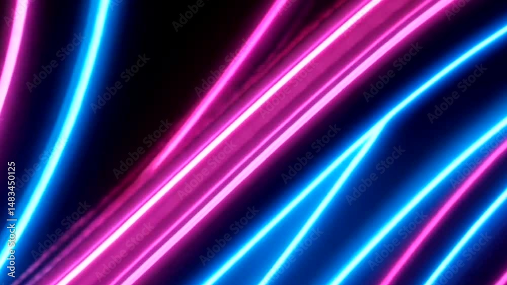 Vibrant pink and blue neon light streaks intersect on a dark background, creating an abstract design