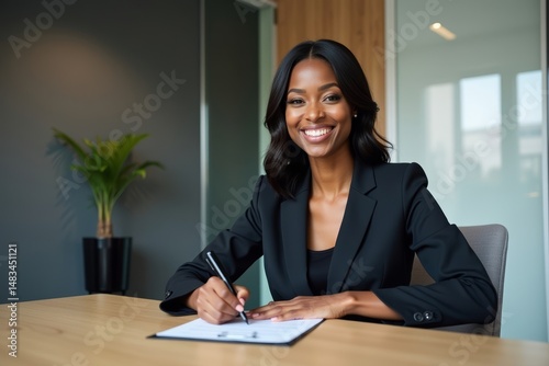 African American businesswoman in professional attire sealing a deal in her modern office.