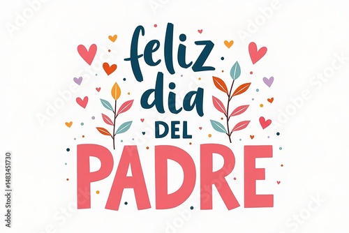 “feliz dia del padre” text on a white background, surrounded by colorful hearts and leafy branches, ideal for Spanish - speaking Father's Day greetings and festive, nature - inspired designs.