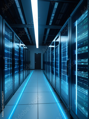 Digital information flows through the network and data servers behind glass panels in the server room of a data center or Internet service provider