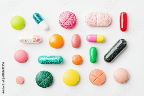 Assorted Colorful Pills Arranged on White Background
