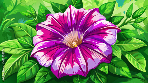 A beautiful, bright Petunia flower on a background of green leaves. Garden perennial plant. Soft selective focus.. very beautiful