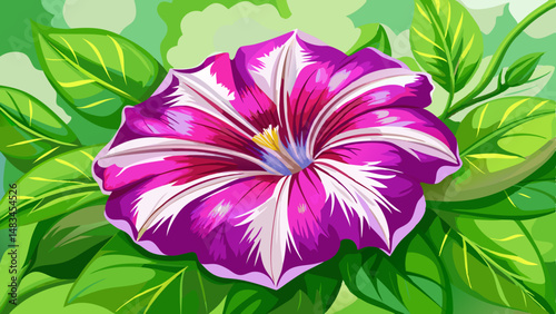 A beautiful, bright Petunia flower on a background of green leaves. Garden perennial plant. Soft selective focus.. very beautiful