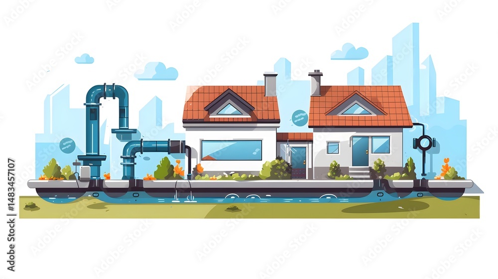 Naklejka premium Professional Suburban House with Sewerage System Pipes and Tanks Image for Marketing Materials