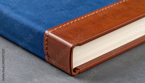 Closeup View Of Blue Fabric Book Cover With Brown Leather Binding photo