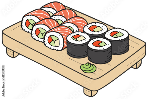 107 detailed digital illustration of a wooden serving tray with various fresh sushi rolls, vivid colors, realistic textures, vibrant, high resolution, 4k