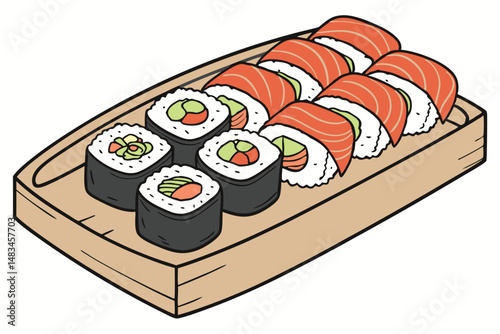 107 detailed digital illustration of a wooden serving tray with various fresh sushi rolls, vivid colors, realistic textures, vibrant, high resolution, 4k