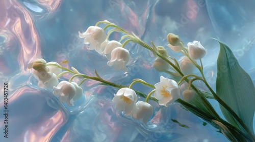 A floating composition featuring Lily of the Valley blossoms, ethereal softness, PNG format