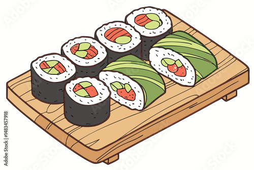 107 detailed digital illustration of a wooden serving tray with various fresh sushi rolls, vivid colors, realistic textures, vibrant, high resolution, 4k