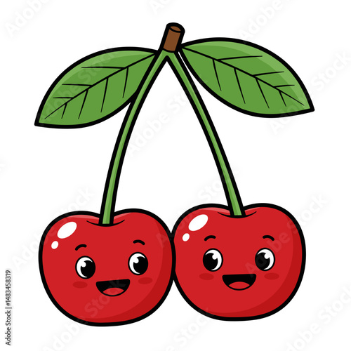 Happy cartoon cherries with leaves smiling together  