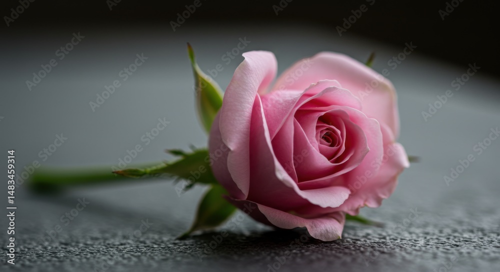 Fototapeta premium Pink rose blossom representing love and beauty, with close up on gray textured surface