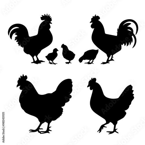 Silhouettes of various chickens, roosters, and chicks arranged in a grid pattern on a white background, showcasing different poses and feather shapes in a clean vector style.