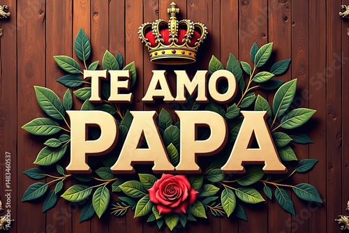 A dark brown wooden board background adorned with green leaves, a red rose, and a golden crown, featuring 3D golden text 