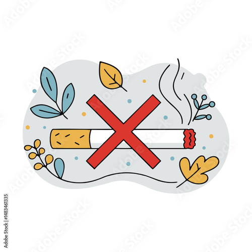 CrossedOut Cigarette with Autumnal Leaves and Smoke