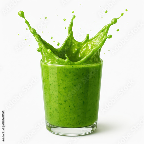 A glass of bright green spinach-kale smoothie splashing upward, isolated on a white background This photo-realistic clipart is a PNG cutout - Generative AI