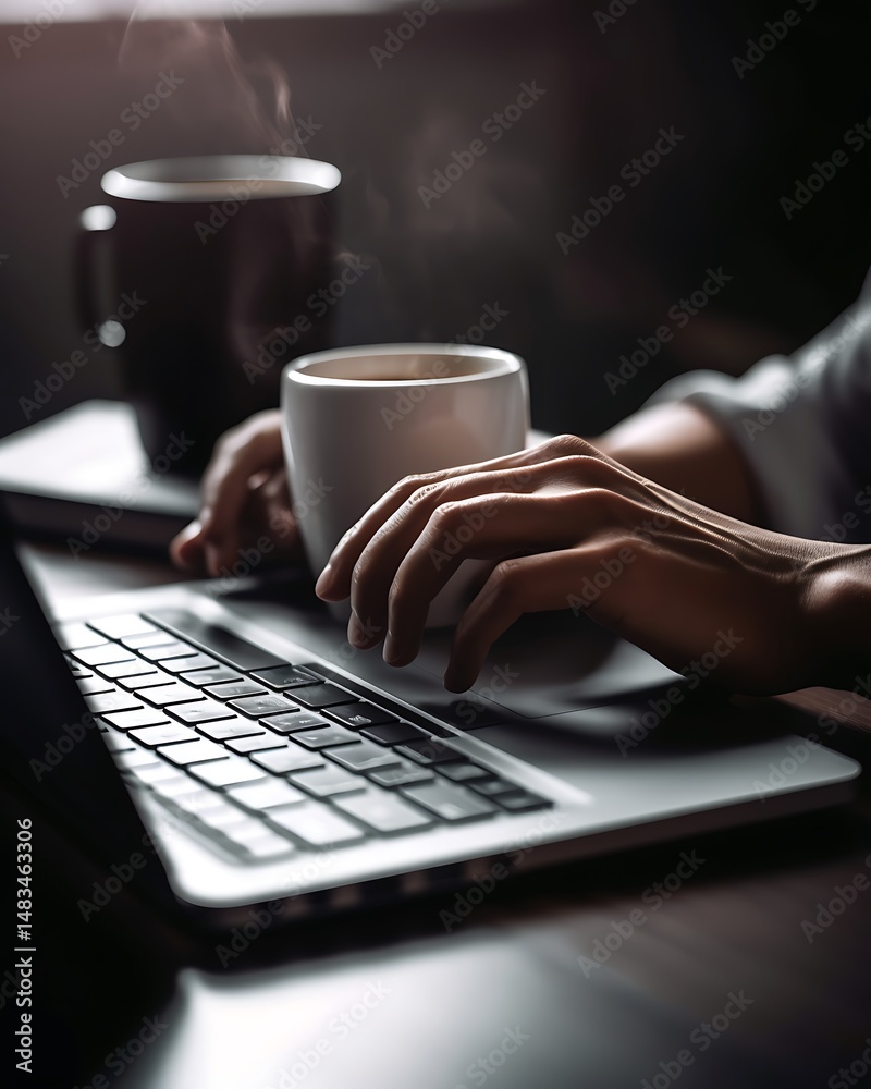 Hands on Laptop with Coffee Cup. Hands on Laptop with Coffee Cup.