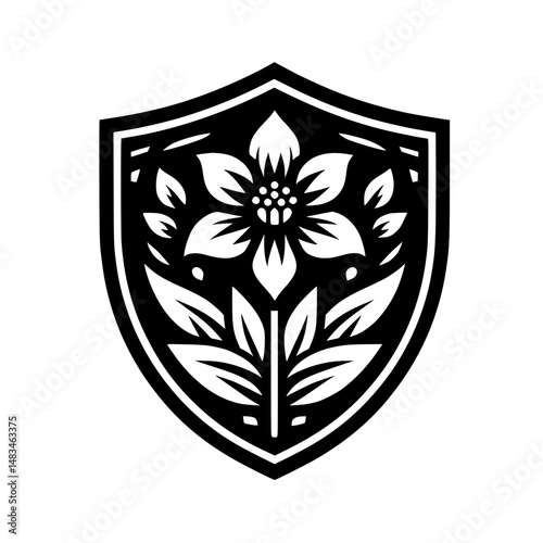 Floral Shield Emblem: Monochromatic Vector Illustration