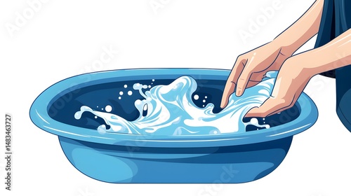 Professional guide to washing clothes in a basin of soapy water with hands holding fabric