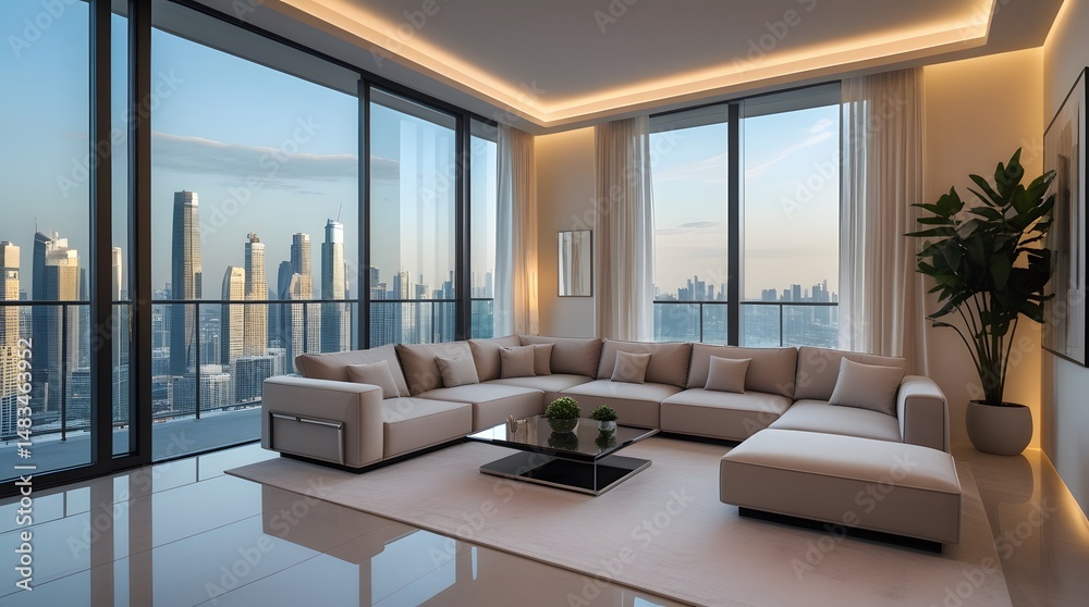 Fototapeta premium Modern luxury living room with panoramic glass windows, wooden floor, and cozy furniture in daylight.