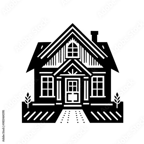 Minimalist Black and White Cottage Illustration, Vector Icon, Cozy Home