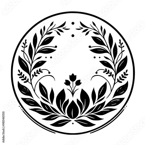 Botanical Circle Frame in Black and White - Minimalist Design