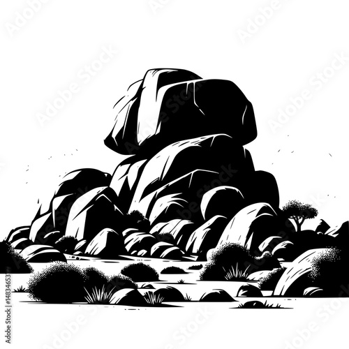 Monochrome Landscape Illustration: Rocky Outcrop with Mountain Backdrop