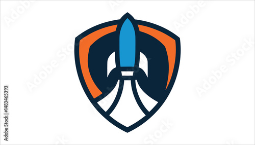 Rocket Launch Logo Vector Design with Shield Badge Style for Space and Technology Branding