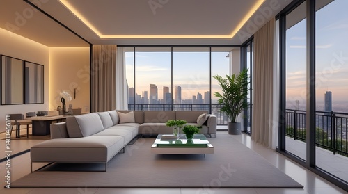 Modern luxury living room with panoramic glass windows, wooden floor, and cozy furniture in daylight.