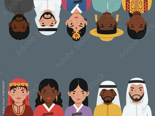 Diverse Portraits Upward and Downward Facing Individuals in Traditional Attire