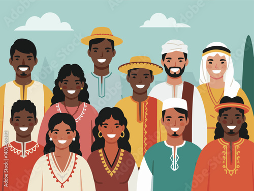 Diverse Smiling People in Traditional Attire