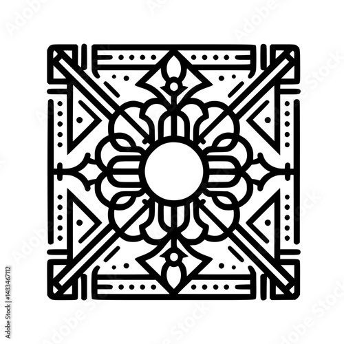 Geometric Floral Pattern in Black and White, Ornamental Square Design